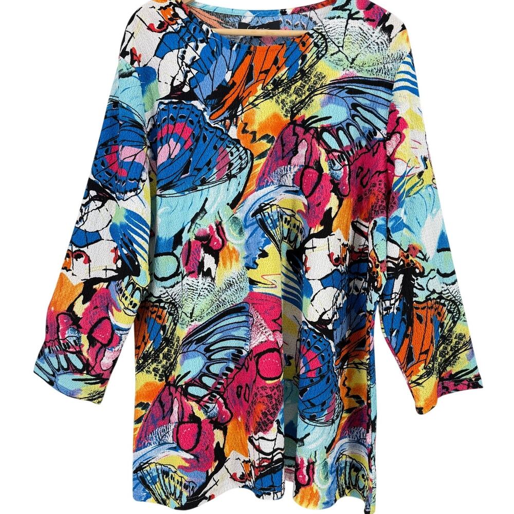 Calessa Crinkled Butterfly Print Tunic Shirt Plus Size 2X Art To Wear Textured